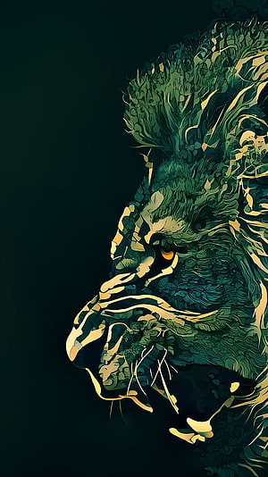 Abstract Lion Head Digital Art in Green and Gold Tones HD phone wallpaper