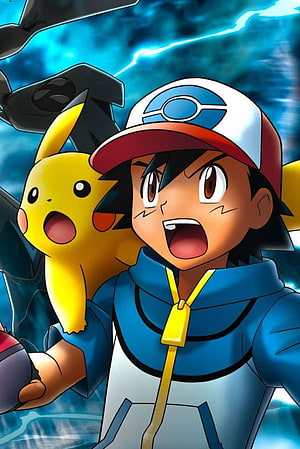 Ash and Pikachu in Action with Dark Pokémon and Lightning Storm Background HD phone wallpaper
