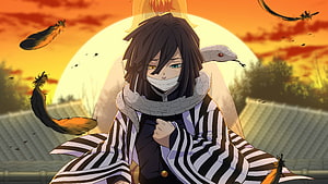 Obanai Iguro from Demon Slayer in striped haori with snake at sunset HD wallpaper