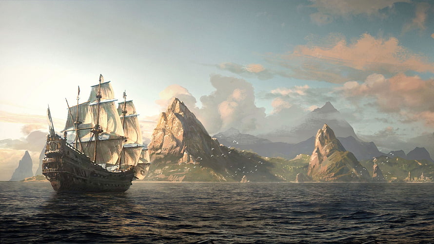 Weathered Pirate Galleon Sailing Past Dramatic Rocky Sea Stacks at Golden Hour HD wallpaper