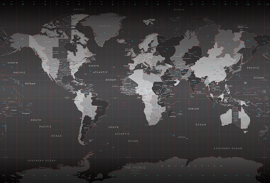 Dark World Time Zone Map with Grid Overlay and Ocean Labels HD wallpaper