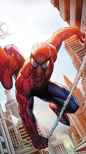 Spider-Man Swinging Through City Skyscrapers in Classic Comic Art Style, Spiderman Comic, Spiderman Comic Marvel HD phone wallpaper
