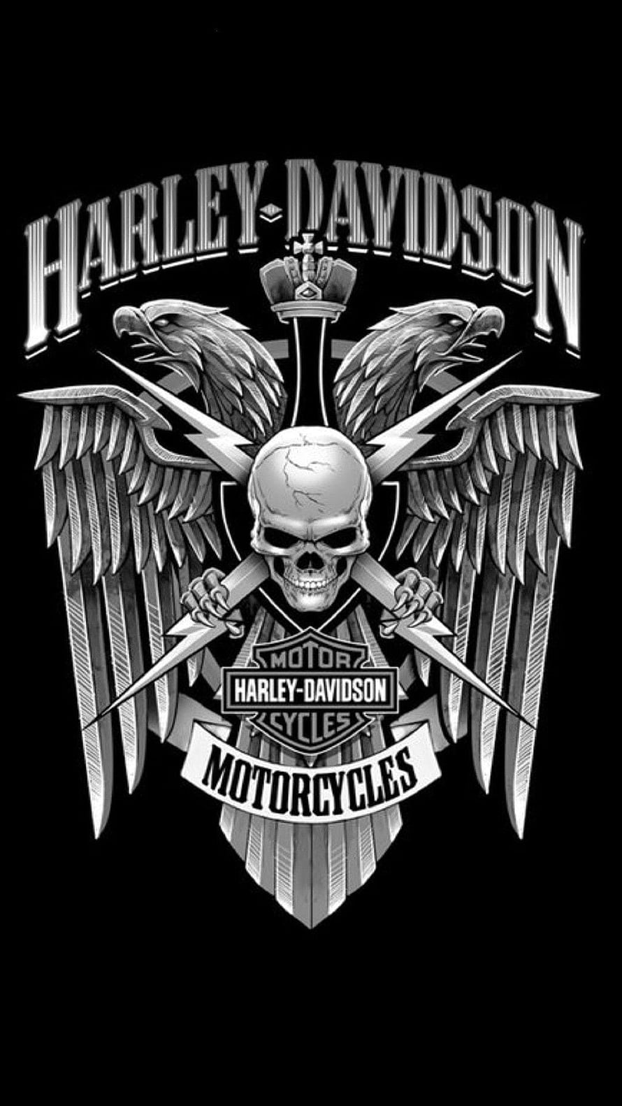 Harley-Davidson Skull and Eagle Emblem with Crossed Swords on Black Background HD phone wallpaper
