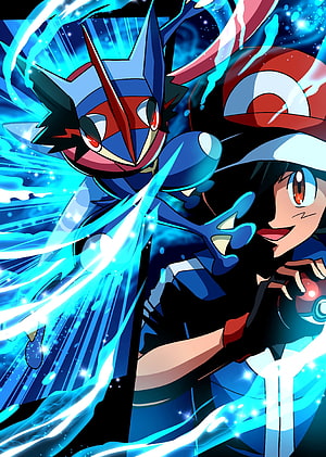 Greninja and Ash Ketchum in Dynamic Blue Energy Battle Scene HD phone wallpaper
