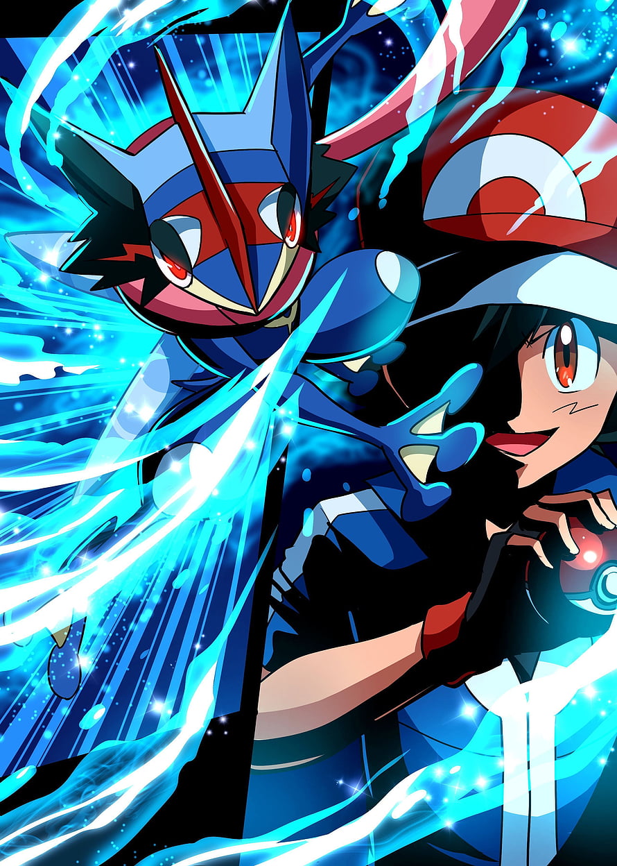 Greninja and Ash Ketchum in Dynamic Blue Energy Battle Scene HD phone wallpaper