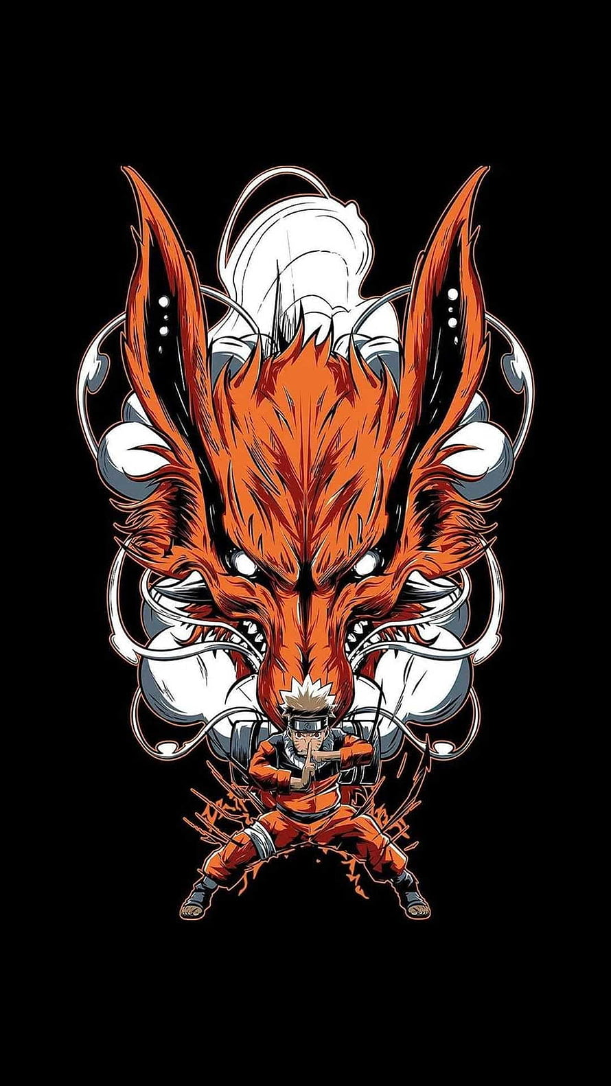 Naruto Uzumaki and Kurama Nine-Tailed Fox Stylized Anime Illustration HD phone wallpaper