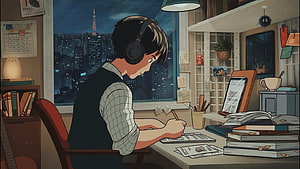 Anime Student Studying at Desk with Headphones in Cozy Nighttime Room HD wallpaper