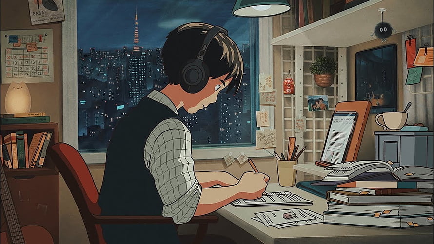 Anime Student Studying at Desk with Headphones in Cozy Nighttime Room HD wallpaper