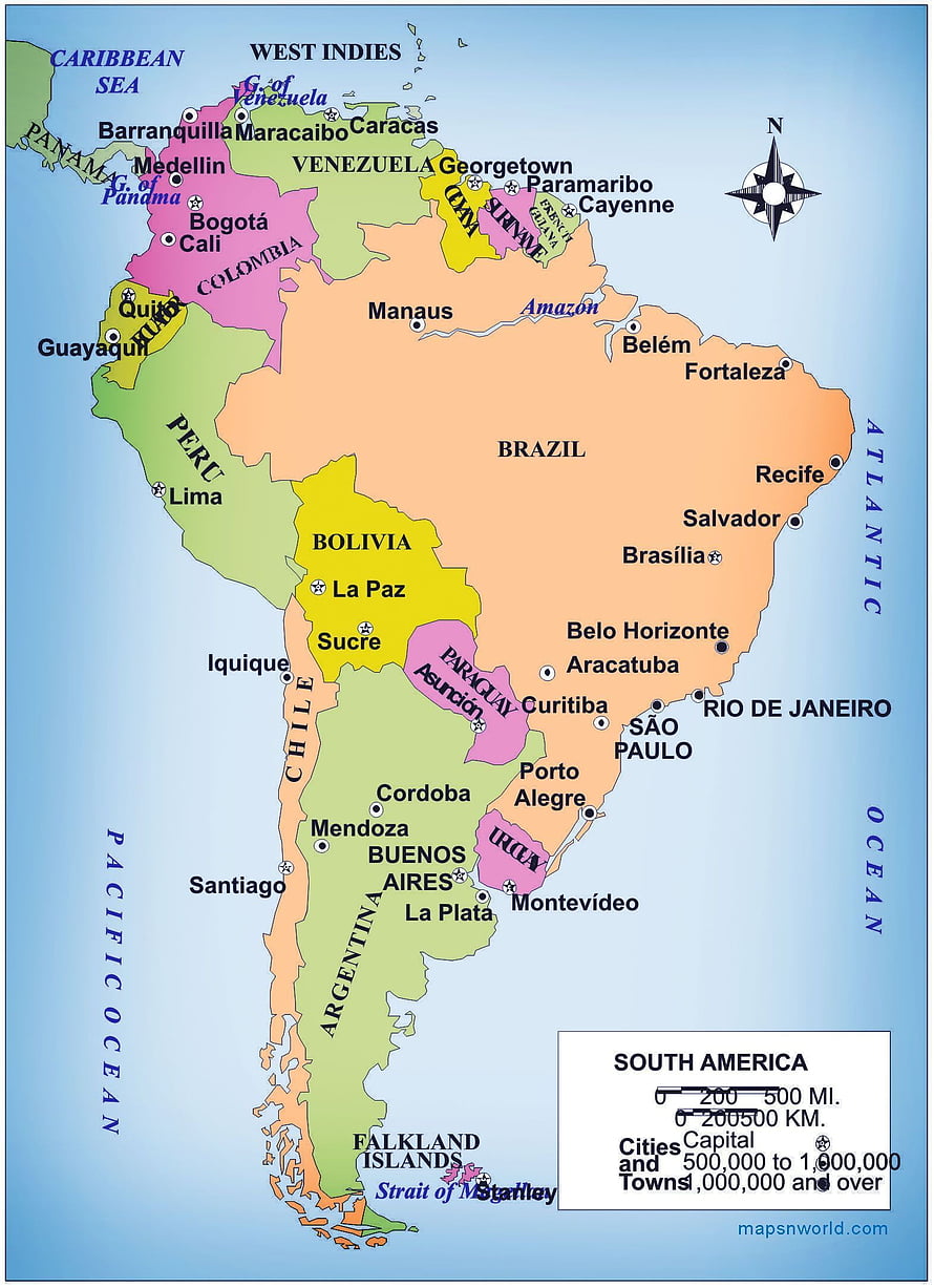 Colorful Political Map of South America Showing Countries and Major Cities HD phone wallpaper