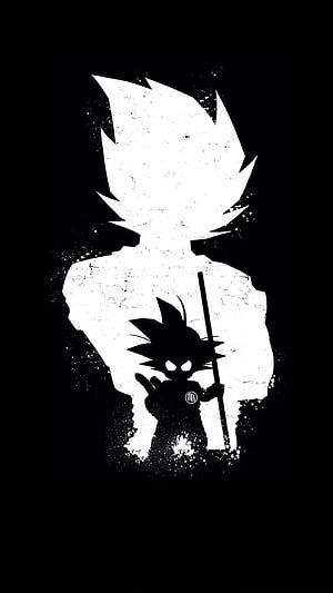 Goku Silhouette and Super Saiyan Profile in High Contrast Black and White Dragon Ball Art HD phone wallpaper