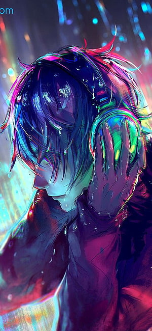 Moody Anime Boy in Neon Rain with Headphones and Iridescent Hair HD phone wallpaper