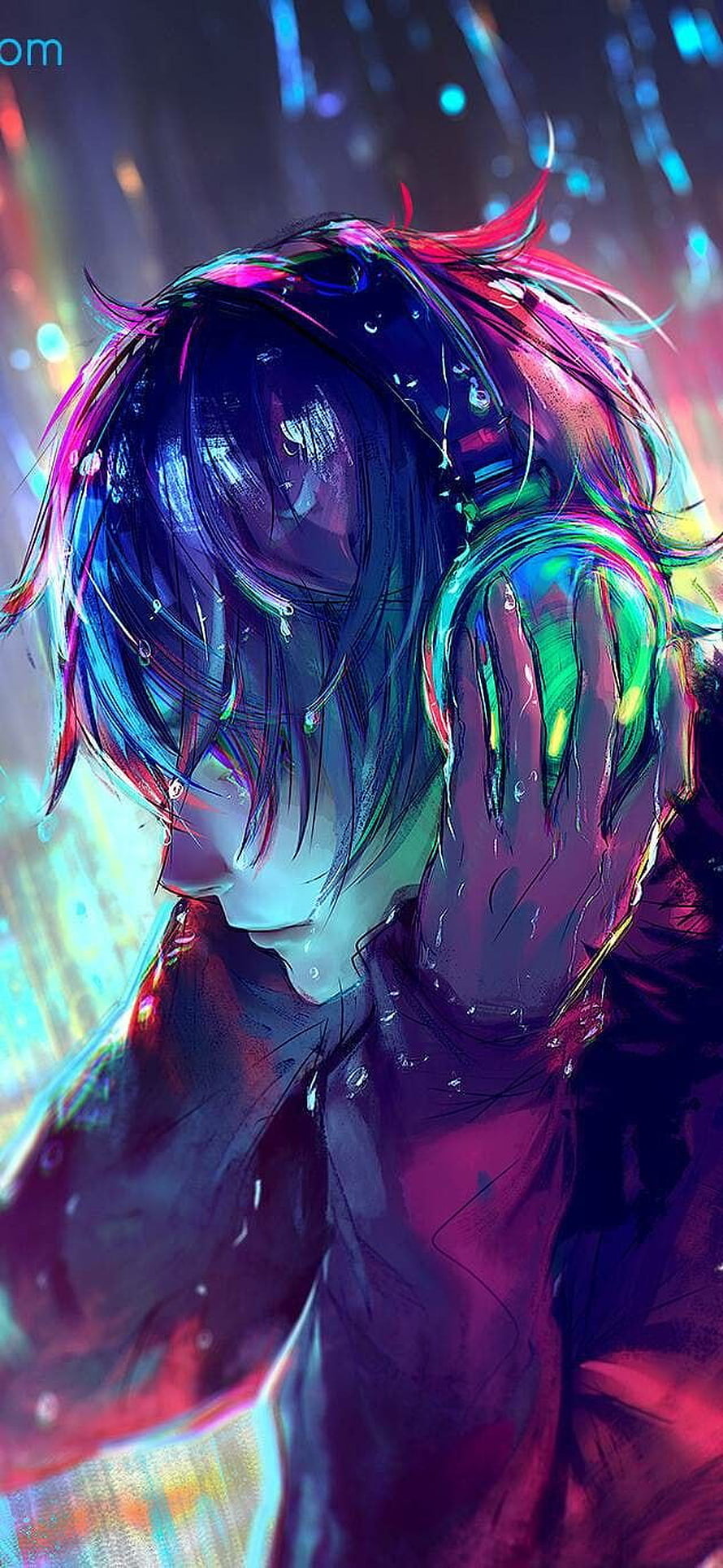 Moody Anime Boy in Neon Rain with Headphones and Iridescent Hair HD phone wallpaper