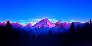 Vaporwave Mountain Landscape with Neon Purple Peaks and Dark Forest Silhouettes HD wallpaper