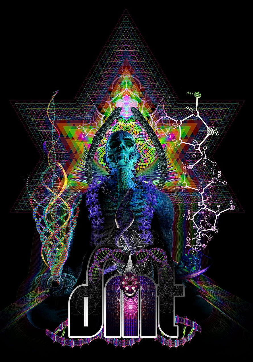 Psychedelic DMT Artwork Featuring Meditating Skeleton, DNA Helix, and Sacred Geometry HD phone wallpaper