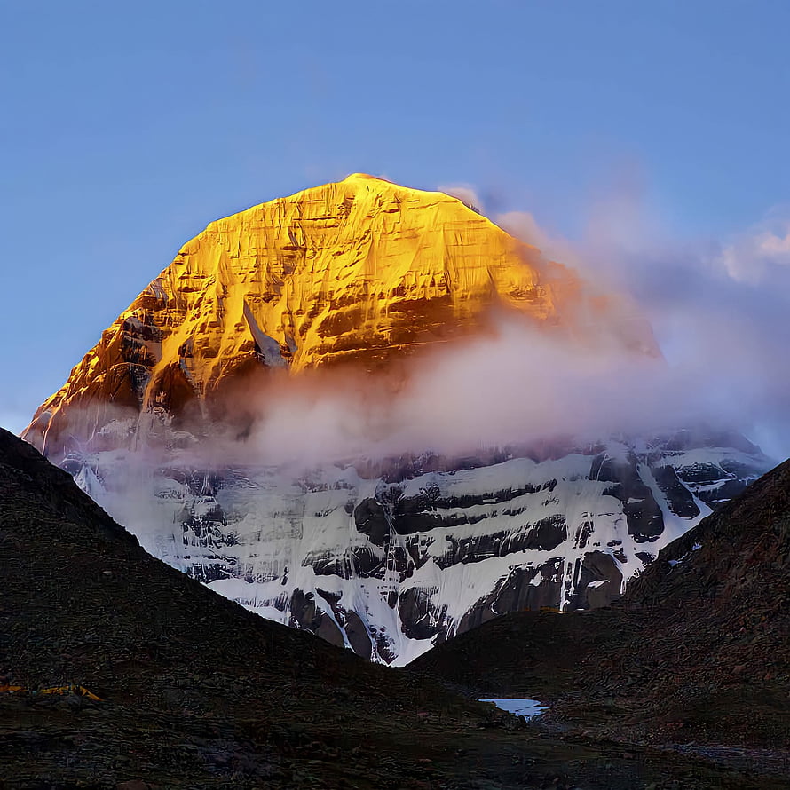 Mount Kailash Peak Bathed in Golden Sunrise Light with Drifting Clouds HD phone wallpaper