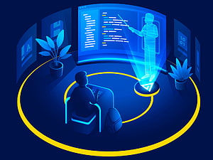 Isometric illustration of a student learning from a holographic teacher in a futuristic digital classroom HD wallpaper