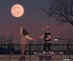 Lofi Couple Illustration: Two People Holding Hands Under a Full Moon at Night HD wallpaper