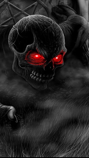 Dark Skull with Glowing Red Eyes and Horns in a Gothic Fantasy Style HD phone wallpaper