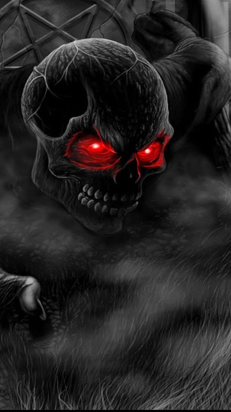 Dark Skull with Glowing Red Eyes and Horns in a Gothic Fantasy Style HD phone wallpaper