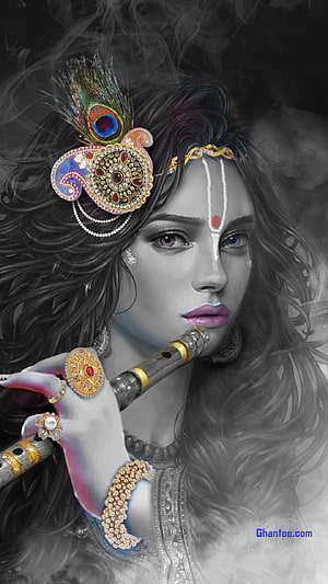 Krishna Portrait with Flute and Peacock Feather in Digital Art Style HD phone wallpaper
