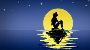 The Little Mermaid Silhouette on a Rock Under a Full Moon at Night HD wallpaper