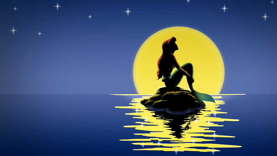 The Little Mermaid Silhouette on a Rock Under a Full Moon at Night HD wallpaper