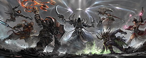 Diablo IV Hero Party Battle Scene with Demon Hunter, Barbarian, and Sorceress HD wallpaper