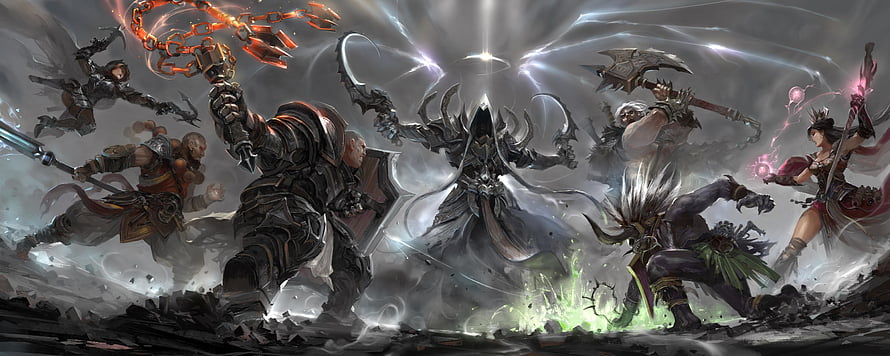 Diablo IV Hero Party Battle Scene with Demon Hunter, Barbarian, and Sorceress HD wallpaper