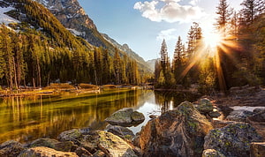 Sunbeams Over a Mountain River in Grand Teton National Park HD wallpaper