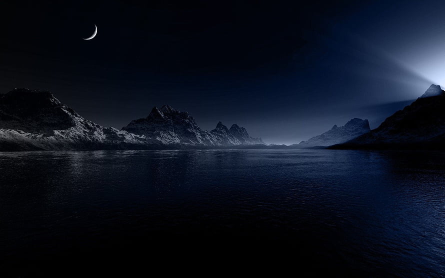 Crescent Moon Over Dark Mountain Lake at Night HD wallpaper