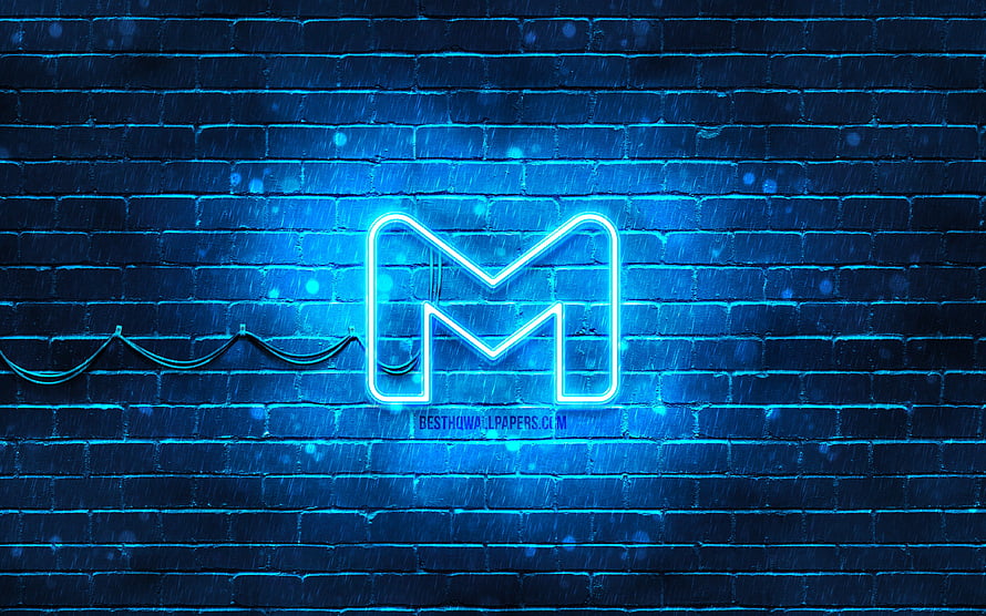 Gmail Blue Neon Logo on Dark Brick Wall with Rain Droplets and Glowing Light Effect HD wallpaper