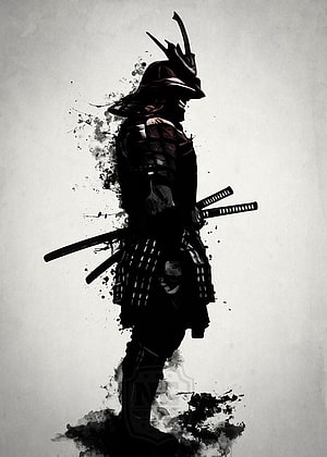 Demon Samurai Warrior in Full Armor with Dual Swords and Ink Splatter Art HD phone wallpaper