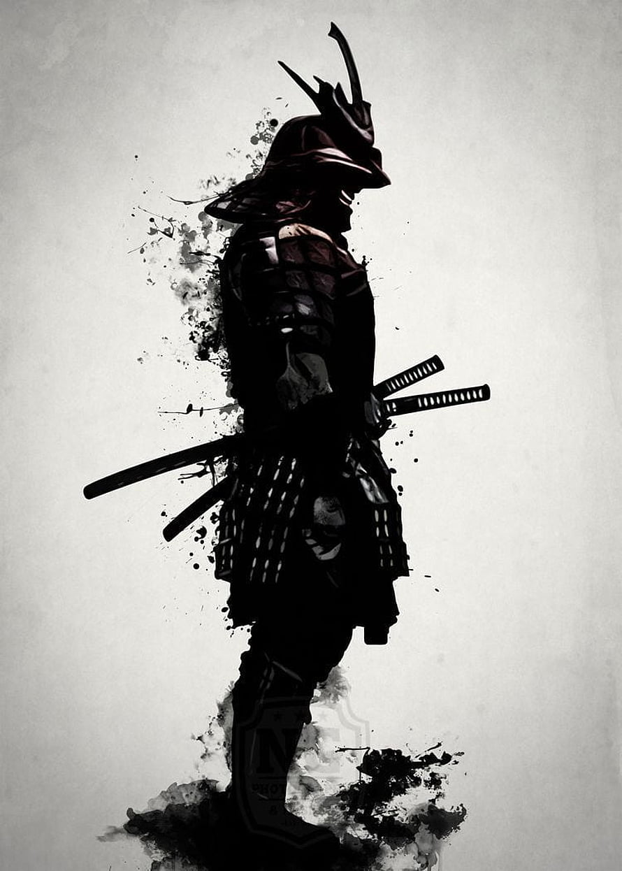 Demon Samurai Warrior in Full Armor with Dual Swords and Ink Splatter Art HD phone wallpaper