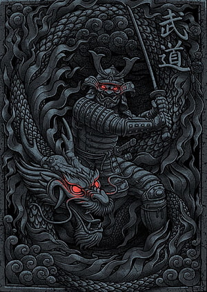 Hannya Samurai Warrior with Katana and Dragon in Dark Ink Illustration HD phone wallpaper