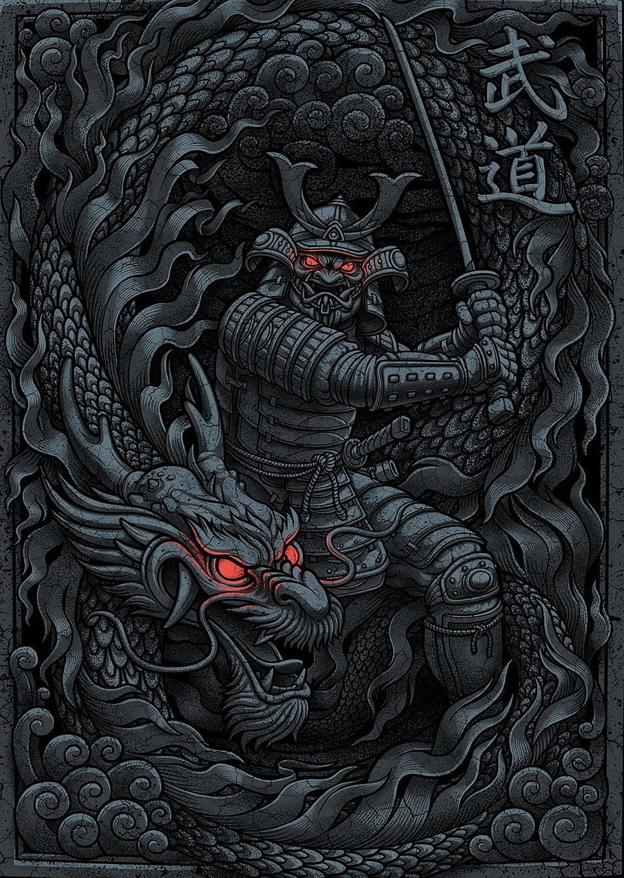 Hannya Samurai Warrior with Katana and Dragon in Dark Ink Illustration HD phone wallpaper