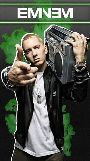 Eminem Portrait with Boombox and Green Ink Splatter Background HD phone wallpaper
