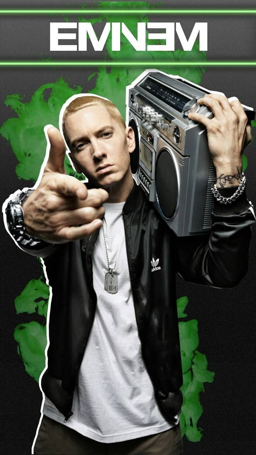 Eminem Portrait with Boombox and Green Ink Splatter Background HD phone wallpaper