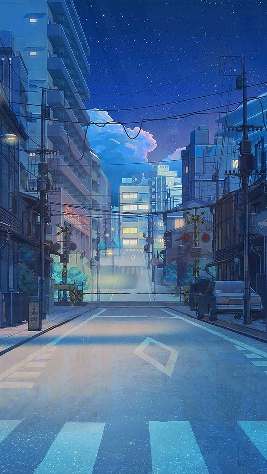 Serene Japanese City Street at Night with Starry Sky and Soft Clouds HD phone wallpaper