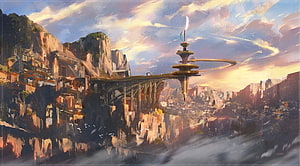 Made In Abyss Concept Art: Cliffside City and Floating Ring Structure at Sunset HD wallpaper