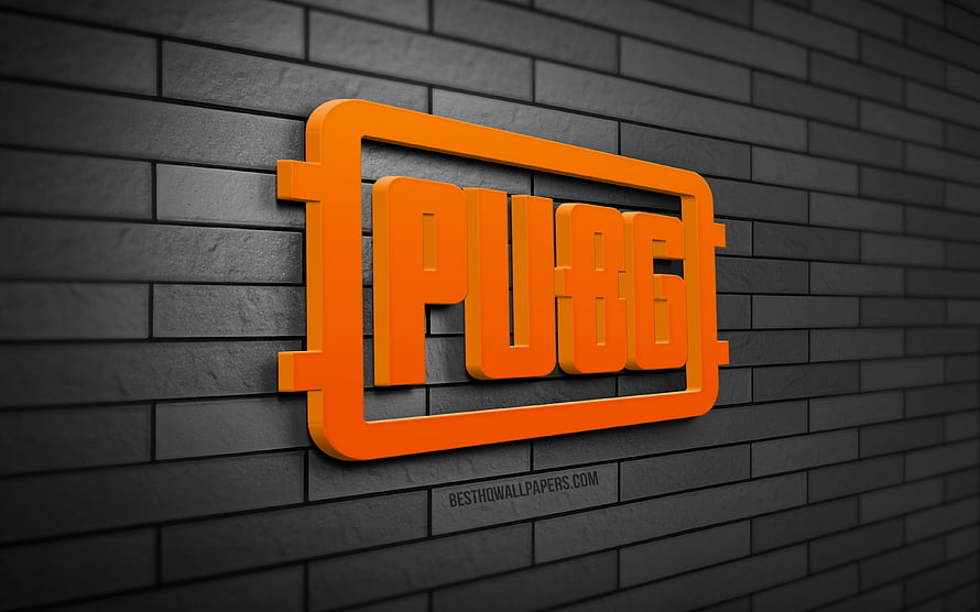 PUBG 3D Orange Logo Mounted on Dark Gray Brick Wall HD wallpaper