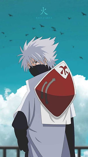 Kakashi Hatake Anime Character with Mask and Shield Against Blue Sky HD phone wallpaper