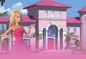 Barbie Dreamhouse with Barbie in a pink dress standing in front of a pink mansion with palm trees HD wallpaper