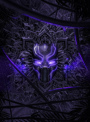 Black Panther Wakanda Forever Mask with Purple Glow and Intricate Tribal Patterns HD phone wallpaper