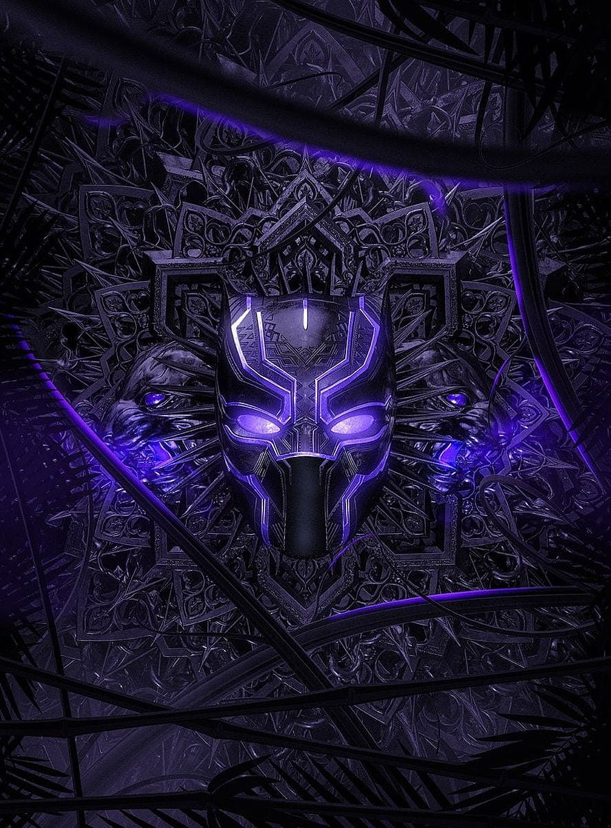 Black Panther Wakanda Forever Mask with Purple Glow and Intricate Tribal Patterns HD phone wallpaper