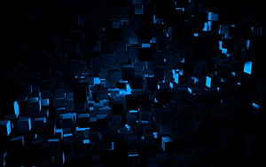 Dark 3D Cube Field with Glowing Blue Edges and Deep Black Background HD wallpaper