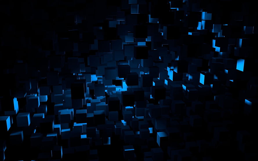 Dark 3D Cube Field with Glowing Blue Edges and Deep Black Background HD wallpaper