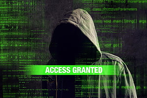 Hacker in Hoodie with Green Code and Access Granted Text Overlay HD wallpaper