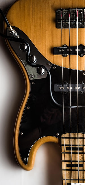 Close-up of a Fender Electric Bass Guitar with Natural Wood Finish and Black Pickguard HD phone wallpaper