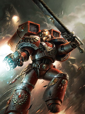 Blood Angels Space Marine in Red Power Armor Wielding Power Sword and Bolt Pistol HD phone wallpaper