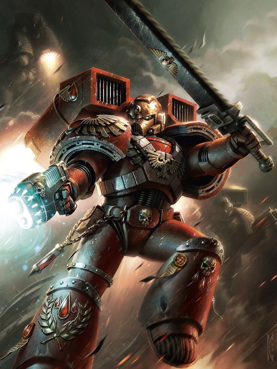 Blood Angels Space Marine in Red Power Armor Wielding Power Sword and Bolt Pistol HD phone wallpaper